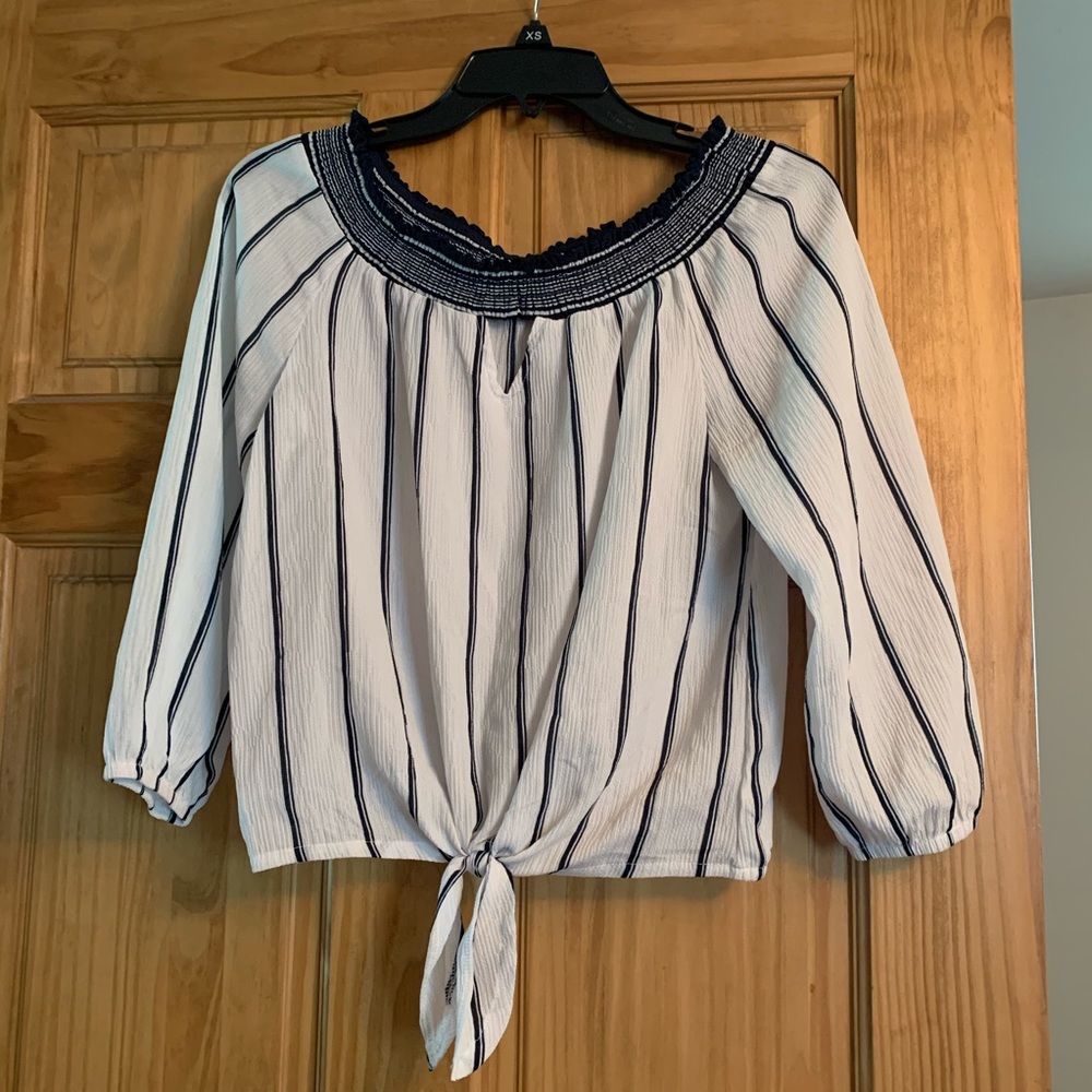 Navy and white off the shoulder top